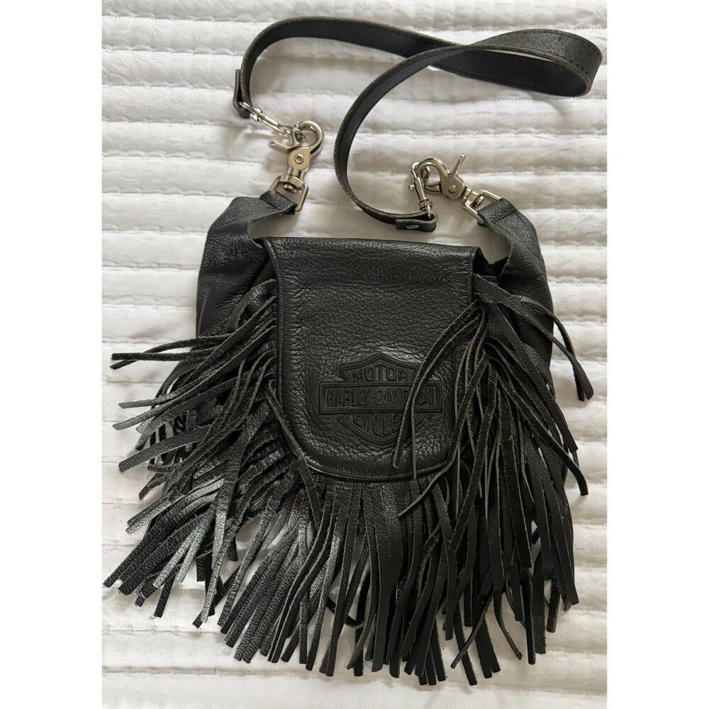 Vintage Harley Davidson Blk Pebbled Leather Fringe Hip Bag Clip On Crossbody Y2K